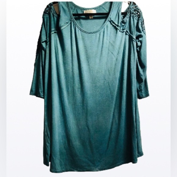 Harper Zoe Plus 1X Teal Green Cold Shoulder Long Sleeve Lace Insert - Picture 2 of 12
